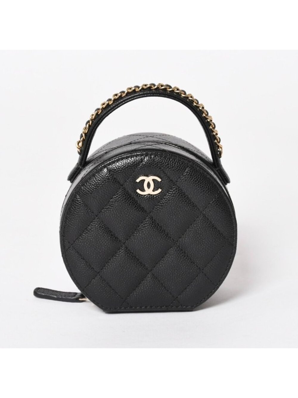 Chanel Small Round Vanity Bag Handbag Stand CC Logo Caviar Leather Black